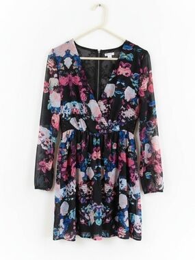 Xhilaration Black Floral Mini Dress with Pink and Blue Accents